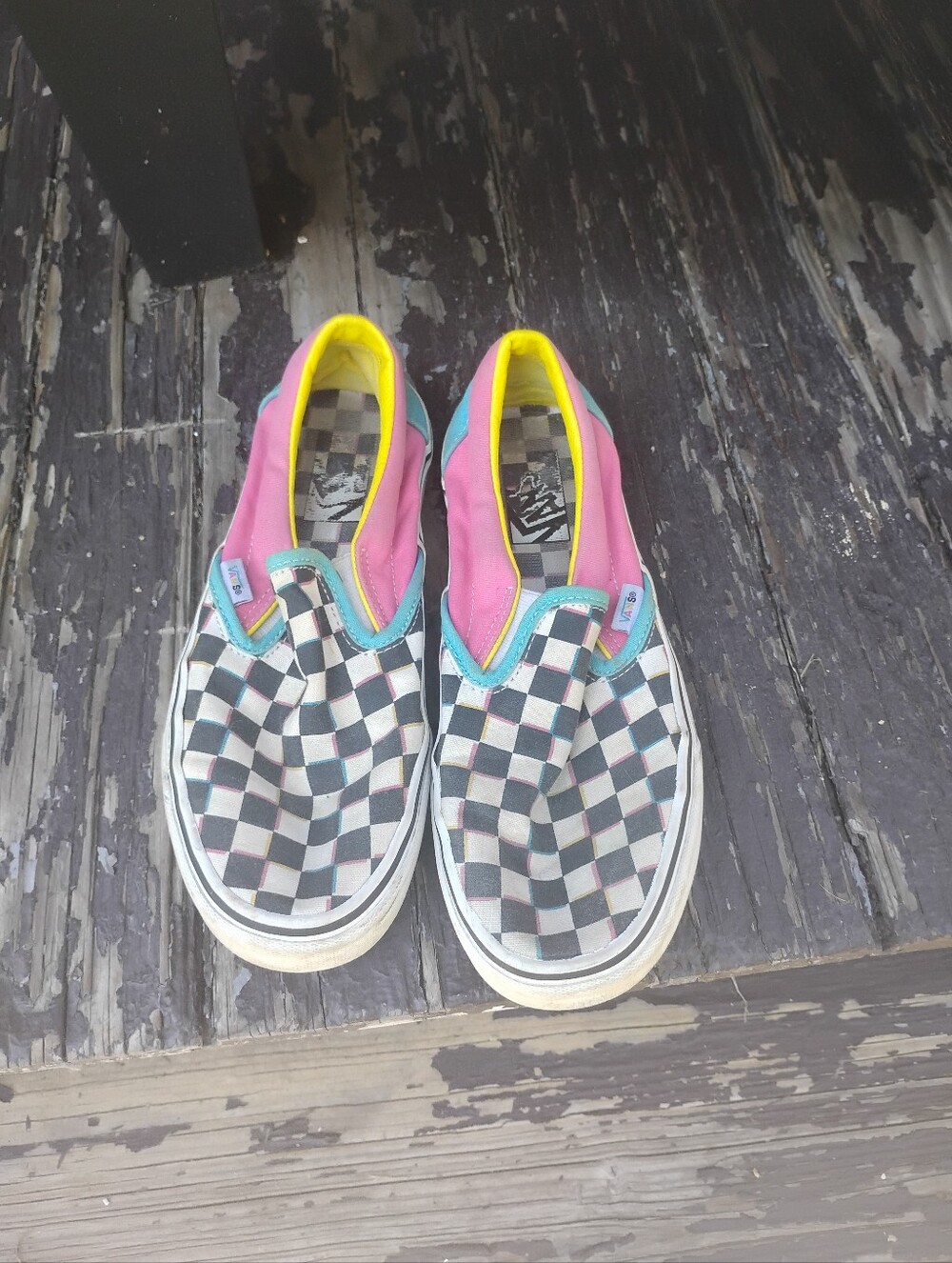 Vans Pink Yellow And Blue Black Checkered Vintage Vans Size 8.5 Women